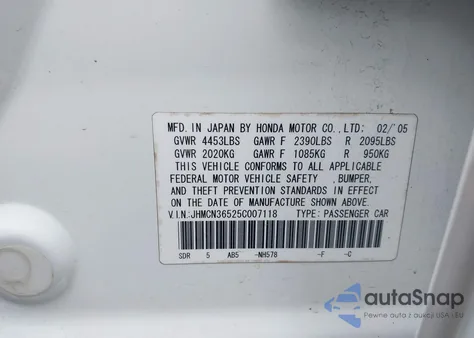 2005 Honda Accord Hybrid Ima from USA, damaged, VIN JHMCN36525C007118